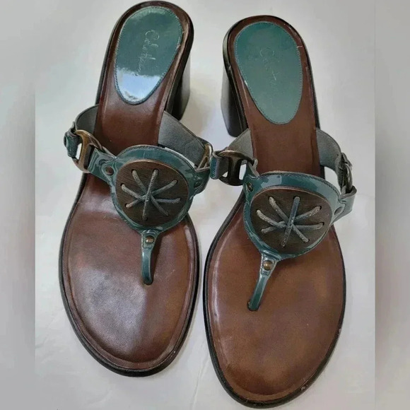Cole Haan Turquoise & Brown Solid Sandal 3 in Heel Size 10.5 - Picture 2 of 4